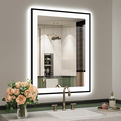 24x30 LED Bathroom Mirror with Lights, Black Framed Lighted Mirror | Backlit and Front Light, Anti-Fog, 3 Color Dimmable, Memory, Tempered Glass, IP54 Waterproof, UL Listed