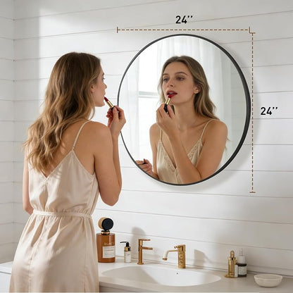 NEWBULIG 24 Inch Round Wall Mirror, Bathroom Mirrors for Over Sink | Metal Framed Circle Vanity Mirror, Wall Decor for Bedroom, Entryway, Anti-Rust, Tempered Glass, Hanging or Leaning, Black