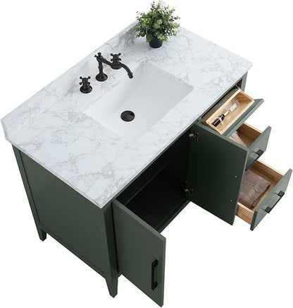 HomeBeyond 42 Inch Bathroom Vanity with Sink & Ceramic Top, Single Vanity Cabinet with Basin, Soft-Closing Doors & Matte Black Hardware, Vintage Green