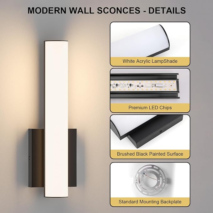 15.7 Inches Modern Bathroom Led Wall Sconces,18W 3000K Hardwired Wall Light with White Acrylic Lampshade,Indoor Bathroom Vanity Light for Mirror Bedroom Living Room Hallway(Black,2Pack)