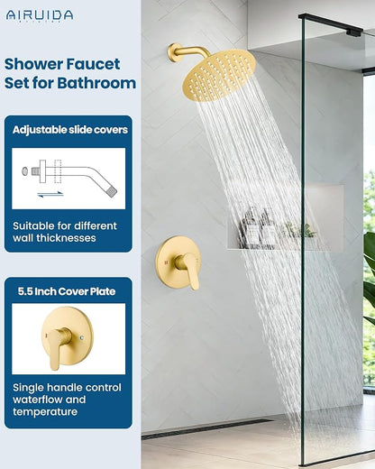 Airuida 8 Inch Brushed Gold Shower Faucet Set,Shower Valve Kit | Female Threads Rough-in Valve Shower Trim Kit,Single Handle Control Shower Set