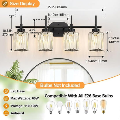 Matte Black 4-Light Crystal Bathroom Vanity Light, Modern Bathroom Light Fixture Over Mirror, Black Vanity Lighting for Bathroom, Bulbs Not Included