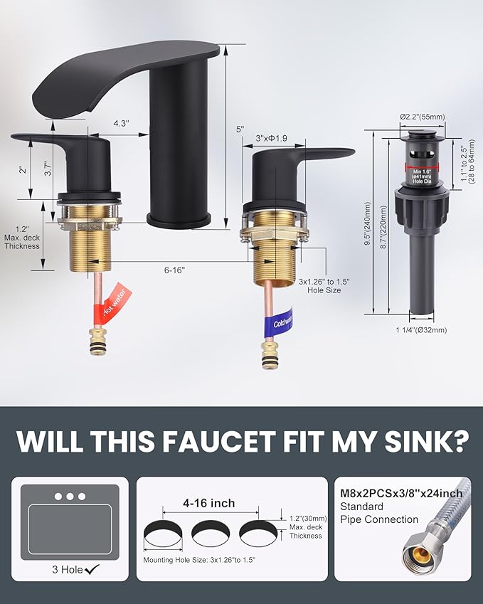 WOWOW Waterfall Bathroom Faucet 3 Hole: 8 Inch Widespread Bathroom Sink Faucet, Matte Black Bathroom Faucet Two Handles Lavatory Vanity Sink Faucets with Pop-up Drain & Supply Hoses