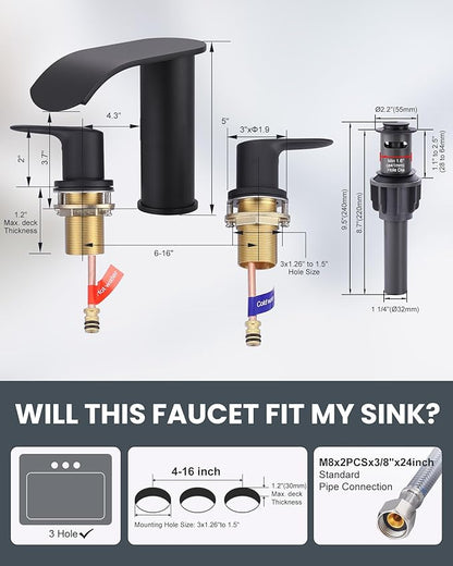 WOWOW Waterfall Bathroom Faucet 3 Hole: 8 Inch Widespread Bathroom Sink Faucet, Matte Black Bathroom Faucet Two Handles Lavatory Vanity Sink Faucets with Pop-up Drain & Supply Hoses