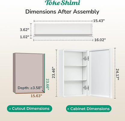 TokeShimi 16 x 24 White Medicine Cabinet for Bathroom, Assembly Required, Recessed Medicine Cabinet with Mirror, Stepless Adjustable Shelves, HD Tempered Mirror, DTC Hinge
