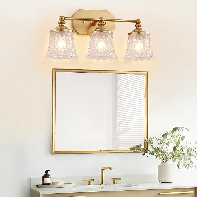 Vintage 3-Light Gold Bathroom Vanity Light, Crystal Glass Shade | Antique Style, Brushed Gold Finish, Rust-resistant Metal, E26 Base, Over Mirror Wall Lighting for Bathroom Restroom