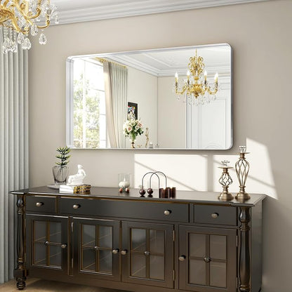 Easly 48 x 30 Inch Silver Bathroom Mirror, Rectangular Wall Mounted Shatterproof Mirror, Aluminum Alloy Frame with Rounded Corners, Horizontal or Vertical for Farmhouse Decor
