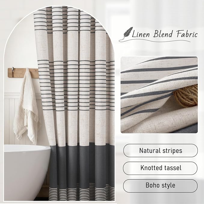 Dark Grey Boho Linen Striped Shower Curtain with Tassel 72"W X 72"L | Boho Farmhouse Shower Curtains with Linen Texture for Bathroom Decor