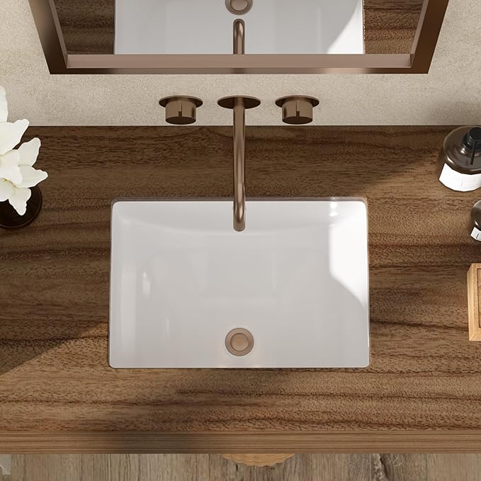 Undermount Bathroom Sink 21x15 Inch White Rectangle Porcelain Vessel Sinks with Curves Bottom Deep Basin with Overflow Lavatory Vanity Sink Mounted Under the Counter