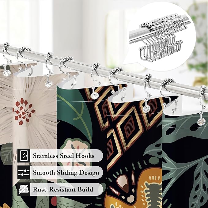 3 in 1 Boho Floral Shower Curtain Set with PEVA Liner & 12 Hooks, 72 x 78 | Boho Tropical Botanical Style, Farmhouse Floral Fabric, Modern Hotel Inspired, Water‑Repellent, Machine Washable
