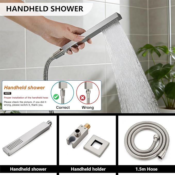 Midanya Shower System with Tub Spout,10 Inch Shower Head,Brushed Nickel | with Valve & Trim Kit,Square Rain Head,Handheld Sprayer,Waterfall Spout,All Metal Wall Mount Bathroom Shower Tub Faucet Set