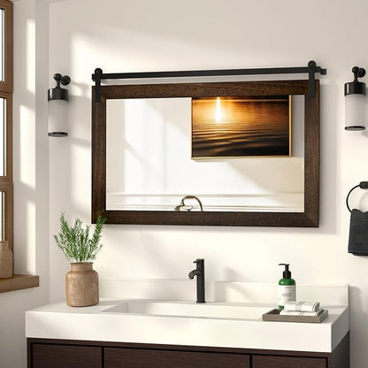 COGOOD Farmhouse Bathroom Mirrors for Over Sink - 26 x 41 Black Brown | Rustic Barn Door Wood Framed Vanity Mirror for Entryway, Living Room, Bedroom, Dresser Wall Decor