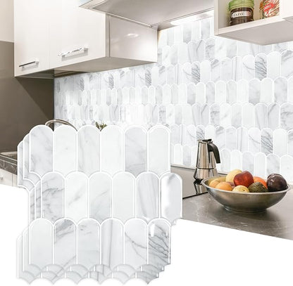 Vamos Tile Peel and Stick Backsplash,Thicker Design, Statuary White,10 pcs | Self Adhesive Vinyl Wall Tiles with White Grout, Stick on Backsplash for Kitchen, Bathroom, RV