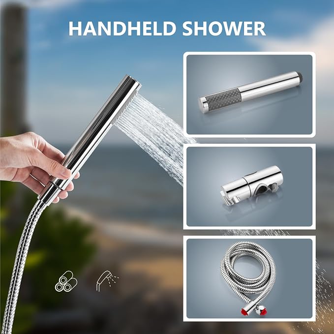 Aolemi Outdoor Shower Kit,8 Inch Rain Head and Handheld,Polish Chrome | 2-Handle Hot and Cold Control, Adjustable Height, 6-Inch Center Valve, 59-Inch Hose, Winter Drainage Outdoor Shower Fixtures