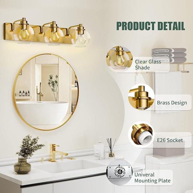 3 Light Bathroom Light Fixtures-Brushed Gold Bathroom Vanity Lights, Modern Vanity Lights 3-Light Bathroom Lighting Fixtures Over Mirror with Clear Glass Globe Shade