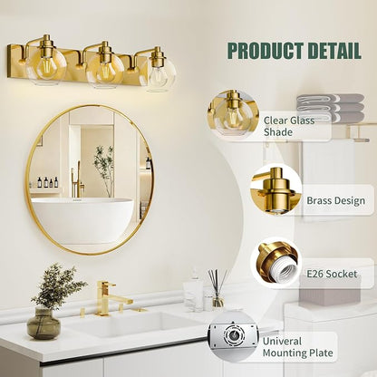 3 Light Bathroom Light Fixtures-Brushed Gold Bathroom Vanity Lights, Modern Vanity Lights 3-Light Bathroom Lighting Fixtures Over Mirror with Clear Glass Globe Shade