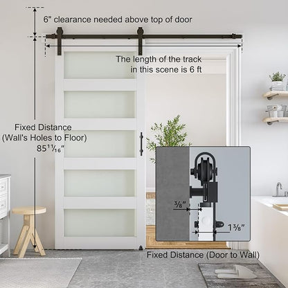 SMARTSTANDARD 34 x 84 in Glass Barn Door with 6FT Sliding Hardware Kit | Pre-Drilled Ready to Assemble, Waterproof PVC Coating, White, 5-Panel Glass