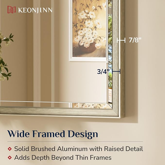 Keonjinn 48"x24" Brushed Nickel Framed Wall Mirror, HD Safe Tempered Glass | Aluminum Alloy, Vertical/Horizontal, Effortless French Cleat Installation, Full Length Mirror for Hallway, Living Room Decor