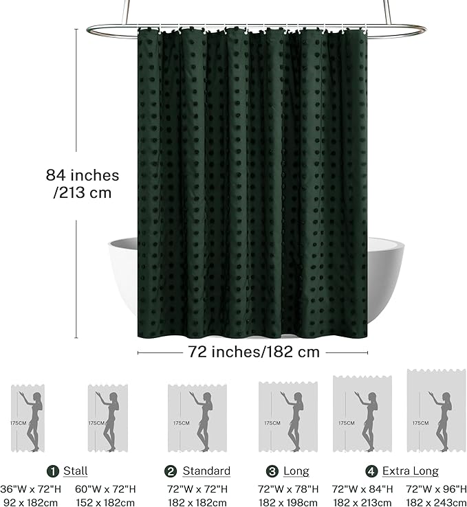Extra Long Boho Farmhouse Shower Curtain Woven Fabric 84 Inch Dark Green Shower Curtain, 72 x 84 Tufted Pleat Floral Puffs Textured Modern Minimalist Hunter Green Shower Curtain Set for Bathroom