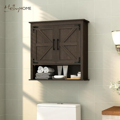 HollyHOME Bathroom Wall Cabinet, Farmhouse Barn Door Wood Medicine Cabinet with Adjustable Shelves, Wall-Mounted Over-The-Toilet Storage, Dark Brown