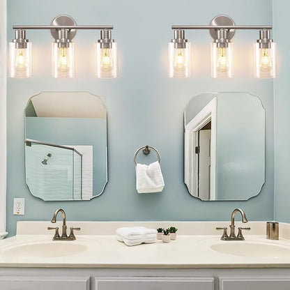 DLLT 3-Light Bathroom Light Fixtures: Nickel Modern Vanity Lights with E26 Bulbs - Clear Glass Shade Bathroom Wall Lamp for Mirror Kitchen Living Room Hallway Cabinet Porch