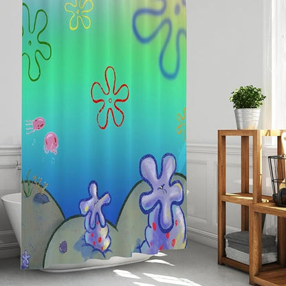 Gradient Green Ocean Cartoon Flower Shower Curtain Set 72x72 Inches | Vibrant Gradient Ocean Floral Print, Playful Underwater Decor, Fits Home Bathroom, Nice Gift for Kids and Animation Lovers