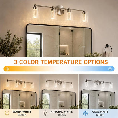 Brushed Nickel Vanity Light with 3 Color Modes, Eye Protection LED Bathroom Light Fixtures, Dimmable Modern Wall Light Over Mirror with Clear Glass Shade (Brushed Nickel, 4-Light)