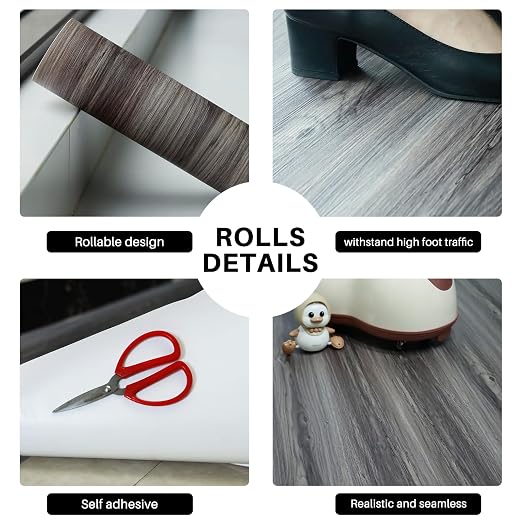 Wood Grain Peel and Stick Floor Tiles, 11.8" W × 118" L, Dark Color | Soft wood‑look finish, Works on many surfaces, Easy to cut, Non‑slip texture, Good for renters and DIY users, Removable