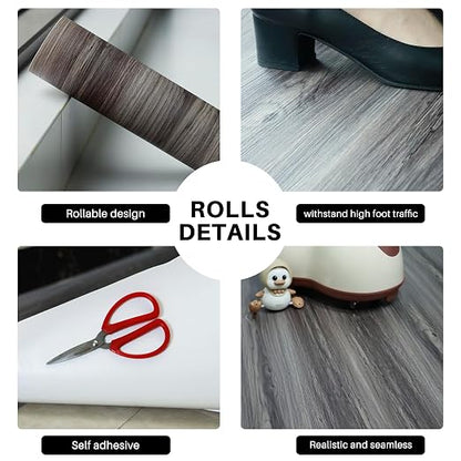 Wood Grain Peel and Stick Floor Tiles, 11.8" W × 118" L, Dark Color | Soft wood‑look finish, Works on many surfaces, Easy to cut, Non‑slip texture, Good for renters and DIY users, Removable
