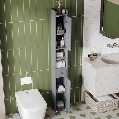 ChooChoo Narrow Bathroom Storage Cabinet with Adjustable Shelves, Tall Storage Cabinet with 2 Doors and 1 Drawer, Freestanding Cupboard for Small Spaces, Grey