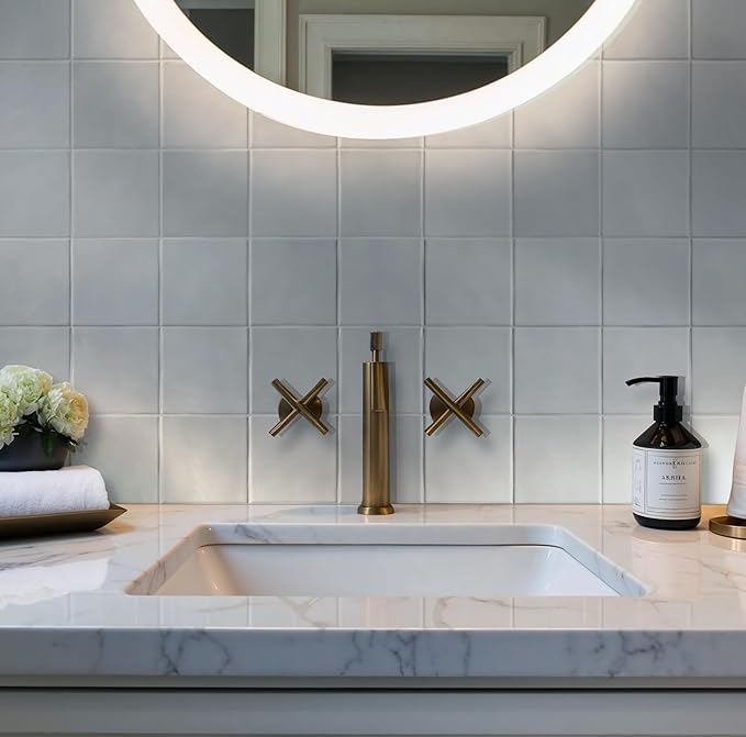 M S International Renzo Sky Glossy Ceramic Square Wall Tile for Bathroom, Kitchen Backsplash, Accent, and Shower - Sample