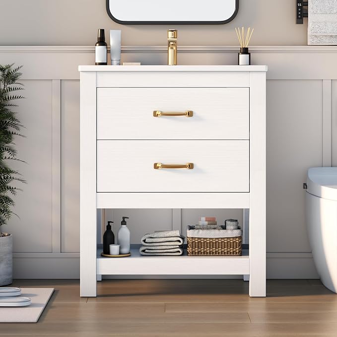 Bathroom Vanity with Sink, 24 Inch Small Bathroom Storage Cabinet with Double Drawers, Freestanding Modern Bathroom Cabinet with Open Bottom Shelf & LED Light, White