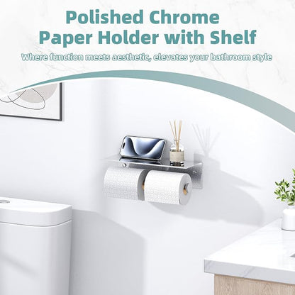 Polished Chrome Double Toilet Paper Holder with Shelf, Wall Mounted | 304 Stainless Steel, Rustproof for Bathroom, Restroom, Powder Room, Kitchen, 2-in-1 Functional Paper Roll & Phone Storage