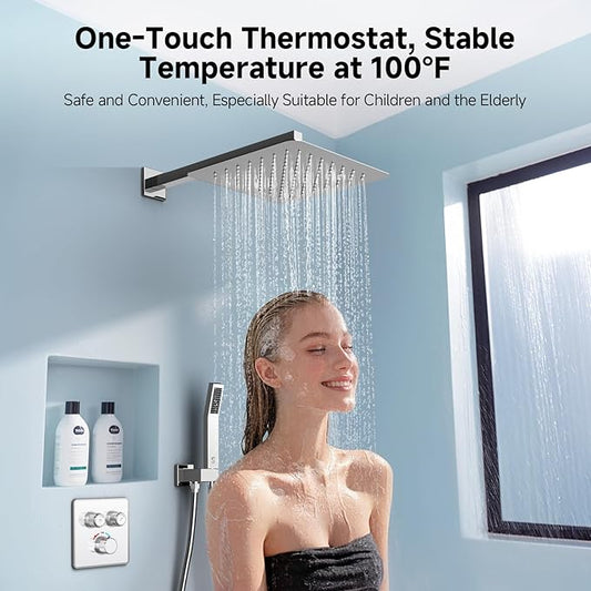 SR SUN RISE 100℉ Thermostatic Shower System,12" Luxury Rainfall Shower Head and High-Pressure Handheld Bathroom Shower Faucet Set,Shower Valve and Trim Kit Included (Polished Chrome)