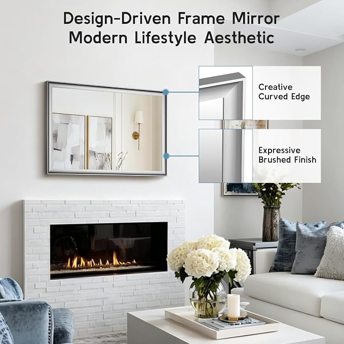 Brushed Nickel Bathroom Mirrors for Over Sink 24x36 Inch | Silver Rectangle Vanity Mirror, Wall Decor for Bedroom, Entryway, Living Room, Aluminum Framed, Curved Wide Edge, Anti-Rust