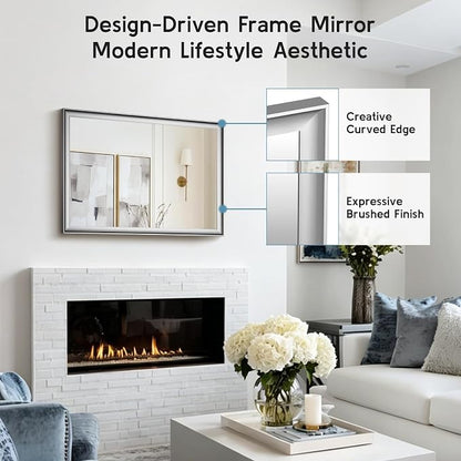 Brushed Nickel Bathroom Mirrors for Over Sink 24x36 Inch | Silver Rectangle Vanity Mirror, Wall Decor for Bedroom, Entryway, Living Room, Aluminum Framed, Curved Wide Edge, Anti-Rust
