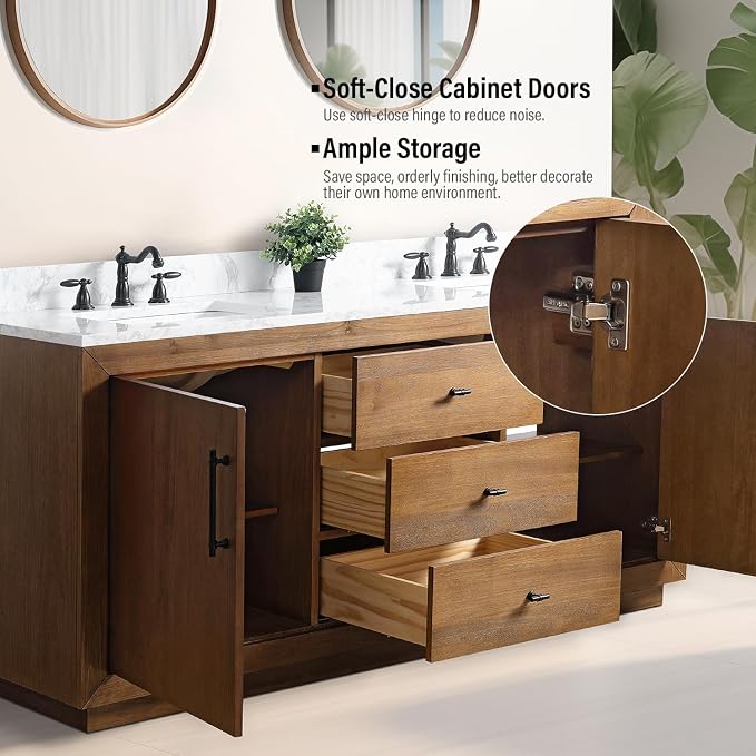 Vanity Art 72 inch Double Sink Bathroom Vanity, Modern Wood Bath Vanity with Carrara Marble Top, Vanity Cabinet with Doors, Removable Shelf, Solid Wood Frame, Tan, VA7072DE