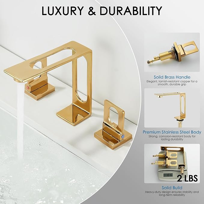 BAKALA Gold Bathroom Sink Faucet 3 Hole, 8-Inch Widespread Bathroom Faucet with 2 Water Supply Hoses, Hollowed Design