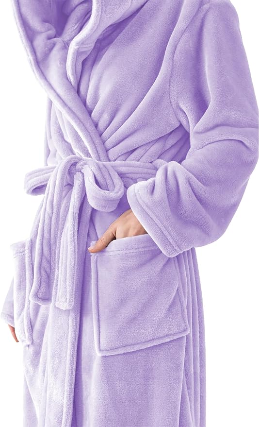 Robes for Women - Hooded Plush Fleece Bathrobe with Sash & Pockets, Full-Length Lightweight Spa Robe
