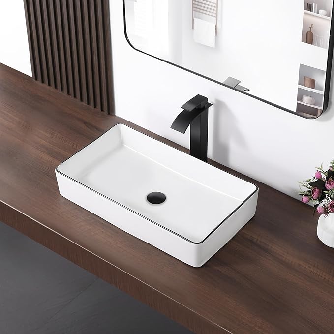 Vessel Sink Rectangle 24"x14" Bathroom Sink Above Counter Porcelain Ceramic White with Black Rim Ceramic Vessel Sinks for Bathrooms