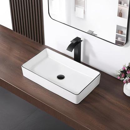 Vessel Sink Rectangle 24"x14" Bathroom Sink Above Counter Porcelain Ceramic White with Black Rim Ceramic Vessel Sinks for Bathrooms