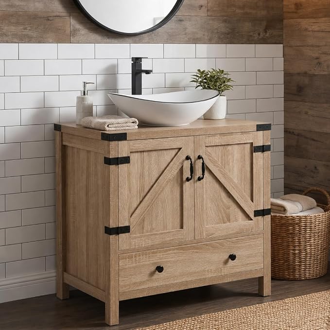 28" Natural Color Bathroom Vanity, Rustic Fixture Standing Pedestal Cabinet with White Ceramic Sink with Black Trim