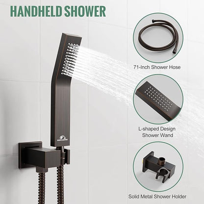 SunCleanse Rainfall Shower System Oil Rubbed Bronze Shower Faucet Combo Set with High Pressure 12 Inches Square Rain Shower Head, Handheld and Shower Faucet Rough-in Mixer Valve and Trim