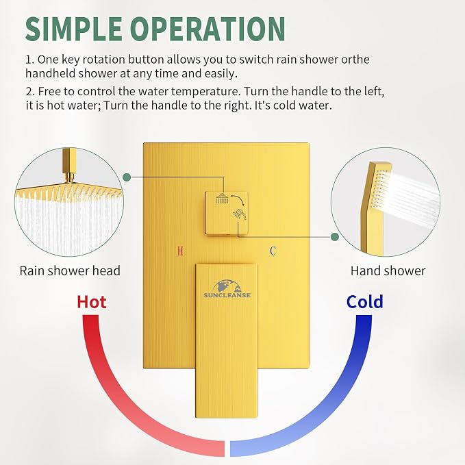 SunCleanse Rainfall Shower System with High Pressure in Brushed Gold | Ceiling mounted shower combo set featuring a 10" square rain head, handheld spray, and rough-in mixer valve with trim.