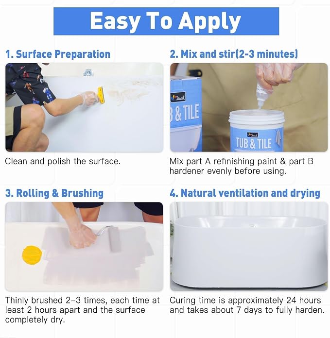 DWIL Tub Paint, Tub and Tile Refinishing Kit 33oz with Tools and 2 Grout Pen, White Bathtub Paint Water Based &Low Odor, Easy to Use Sink for Bathroom Kitchen, Semi-Gloss White, 50-55sq.ft