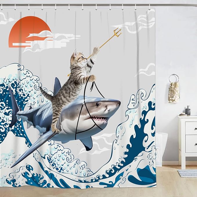 Funny Cute Cat Shower Curtains,Japan Cat Shark with Ocean Sea Wave Shower Curtain for Bathroom,Japanese Cool Fabric Shower Curtain Set with Hooks Bath Decoration 72X72inches