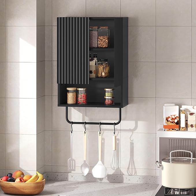 Bathroom Wall Cabinet, Wall Mounted Medicine Cabinets with Towel Bar & Adjustable Shelf, Over The Toilet Space Saver Storage Cabinet with 2 Doors, for Bathroom Laundry Room Kitchen, Black