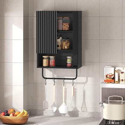 Bathroom Wall Cabinet, Wall Mounted Medicine Cabinets with Towel Bar & Adjustable Shelf, Over The Toilet Space Saver Storage Cabinet with 2 Doors, for Bathroom Laundry Room Kitchen, Black