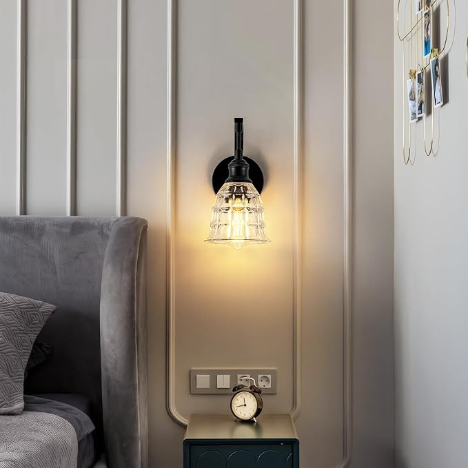 Modern Black Wall Sconce, Bathroom Vanity Fixture with Clear Glass | Vintage Vanity Light for Bathroom, Indoor Wall Lamps for Living Room Bedroom Kitchen Hallway Stairway E26 Hardwire
