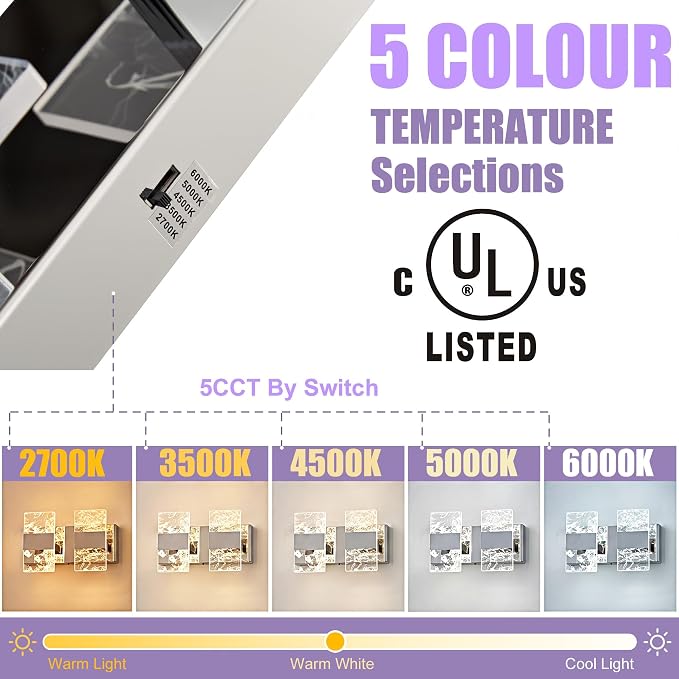 Modern LED Bathroom Light Fixtures Dimmable 2-Light Chrome Vanity Light | 5CCT Adjustable Lighting, Smoked Acrylic LED Vanity Lights, Wall Sconces for Bathroom, Dimmable 6000K